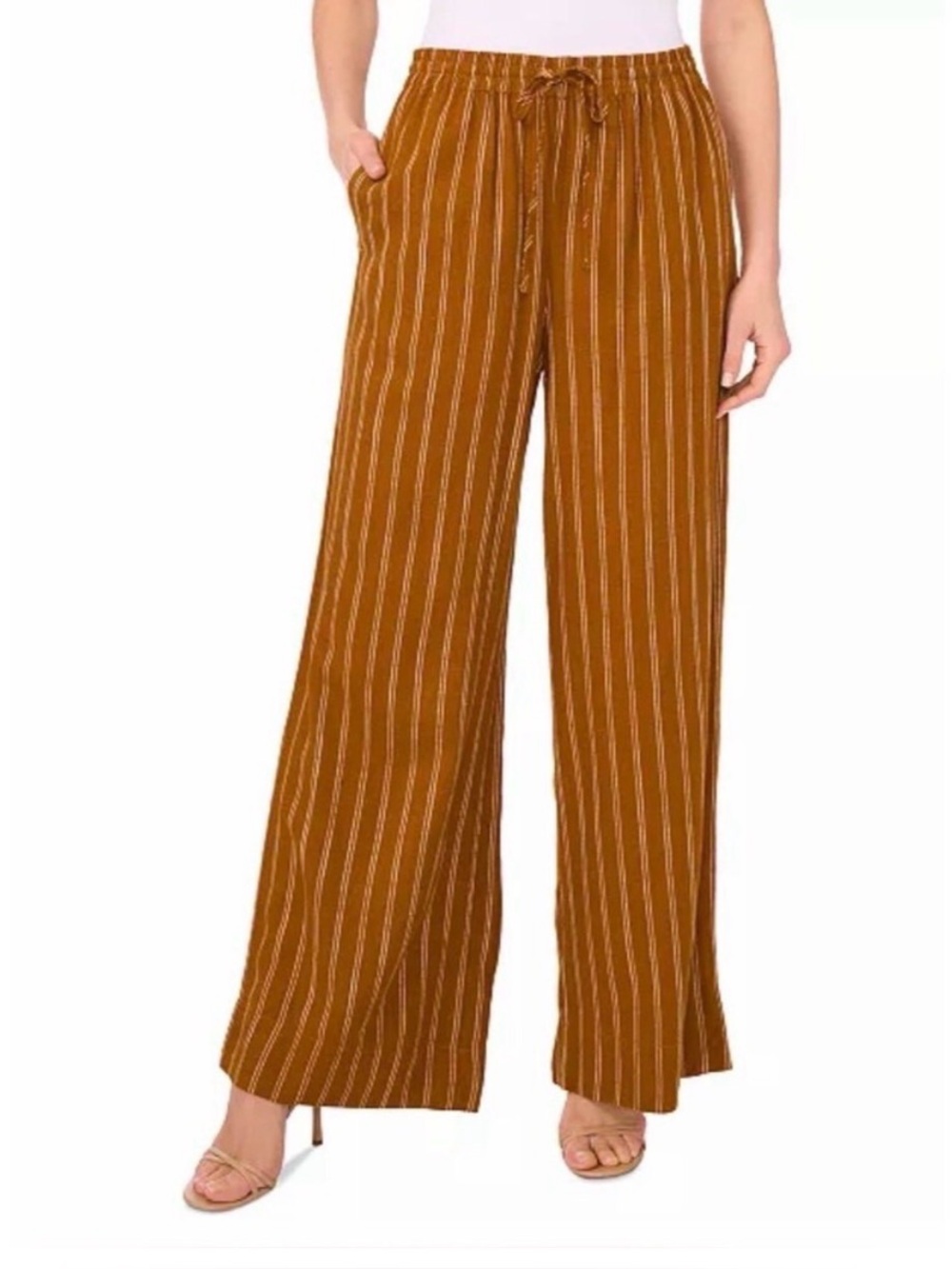 1.STATE Linen Blend Wide Leg Pants Drawstring Waist Striped Brown XL NEW